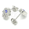Sterling Silver Stud Earring, Judaica and Hand of God Design, with White Micro Pave, Blue Enamel Finish, Rhodium Finish, 02.336.0154