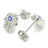 Sterling Silver Stud Earring, Hand of God and Evil Eye Design, with White Micro Pave, Blue Enamel Finish, Rhodium Finish, 02.336.0154