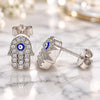 Sterling Silver Stud Earring, Judaica and Hand of God Design, with White Micro Pave, Blue Enamel Finish, Rhodium Finish, 02.336.0154