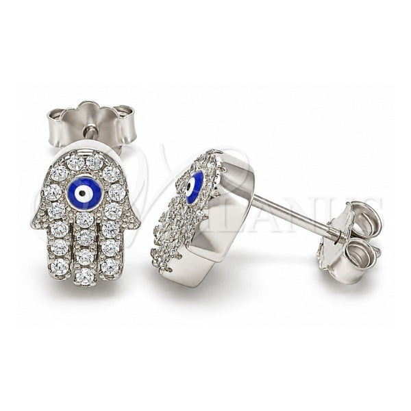 Sterling Silver Stud Earring, Judaica and Hand of God Design, with White Micro Pave, Blue Enamel Finish, Rhodium Finish, 02.336.0154