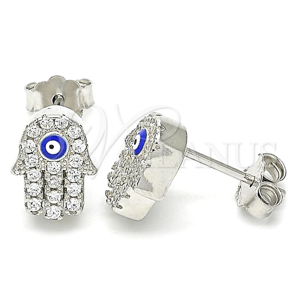 Sterling Silver Stud Earring, Hand of God and Evil Eye Design, with White Micro Pave, Blue Enamel Finish, Rhodium Finish, 02.336.0154