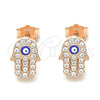 Sterling Silver Stud Earring, Judaica and Hand of God Design, with White Micro Pave, Blue Enamel Finish, Rose Gold Finish, 02.336.0154.1
