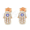 Sterling Silver Stud Earring, Hand of God and Evil Eye Design, with White Micro Pave, Blue Enamel Finish, Rose Gold Finish, 02.336.0154.1