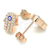 Sterling Silver Stud Earring, Hand of God and Evil Eye Design, with White Micro Pave, Blue Enamel Finish, Rose Gold Finish, 02.336.0154.1