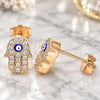 Sterling Silver Stud Earring, Judaica and Hand of God Design, with White Micro Pave, Blue Enamel Finish, Rose Gold Finish, 02.336.0154.1