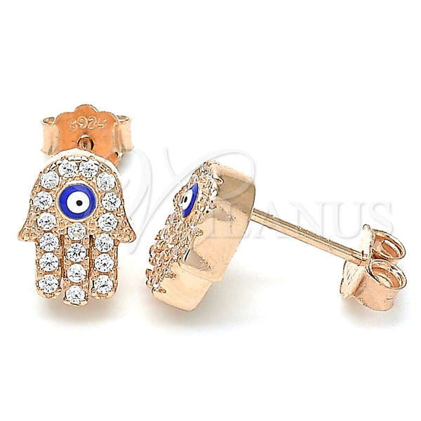 Sterling Silver Stud Earring, Hand of God and Evil Eye Design, with White Micro Pave, Blue Enamel Finish, Rose Gold Finish, 02.336.0154.1