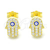 Sterling Silver Stud Earring, Judaica and Hand of God Design, with White Micro Pave, Blue Enamel Finish, Golden Finish, 02.336.0154.2