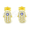 Sterling Silver Stud Earring, Hand of God and Evil Eye Design, with White Micro Pave, Blue Enamel Finish, Golden Finish, 02.336.0154.2