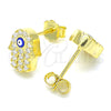 Sterling Silver Stud Earring, Hand of God and Evil Eye Design, with White Micro Pave, Blue Enamel Finish, Golden Finish, 02.336.0154.2