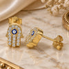 Sterling Silver Stud Earring, Judaica and Hand of God Design, with White Micro Pave, Blue Enamel Finish, Golden Finish, 02.336.0154.2