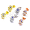 Sterling Silver Stud Earring, Hand of God and Evil Eye Design, with White Micro Pave, Blue Enamel Finish, Golden Finish, 02.336.0154.2