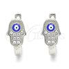 Sterling Silver Huggie Hoop, Hand of God and Evil Eye Design, with White Cubic Zirconia, Blue Enamel Finish, Rhodium Finish, 02.336.0155.12