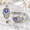 Sterling Silver Huggie Hoop, Judaica and Hand of God Design, with White Cubic Zirconia, Blue Enamel Finish, Rhodium Finish, 02.336.0155.12