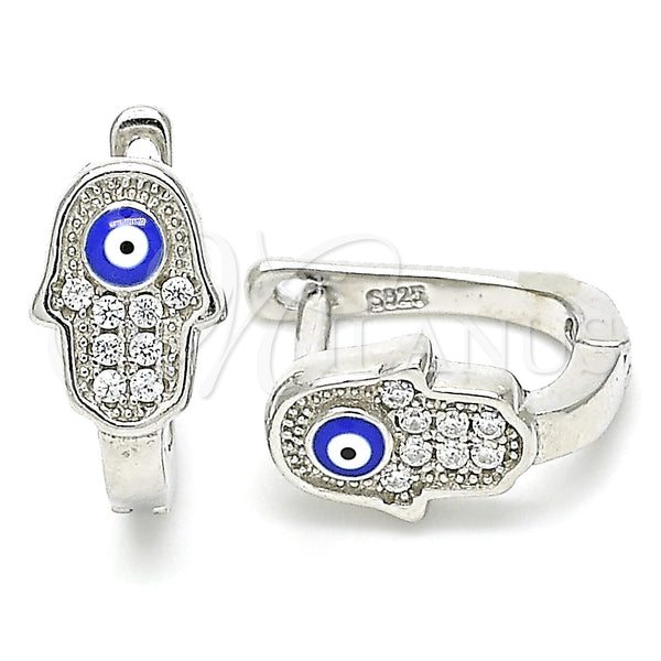 Sterling Silver Hoop Earrings — Huggie Hoop Judaica and Hand of God Design — main product view — SKU 130492 | Plata 925 aretes de aro — Huggie Hoop Judaica and Hand of God diseño — SKU 130492
