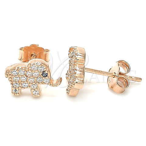 Sterling Silver Stud Earring, Elephant Design, with White and Black Micro Pave, Polished, Rose Gold Finish, 02.336.0030.1