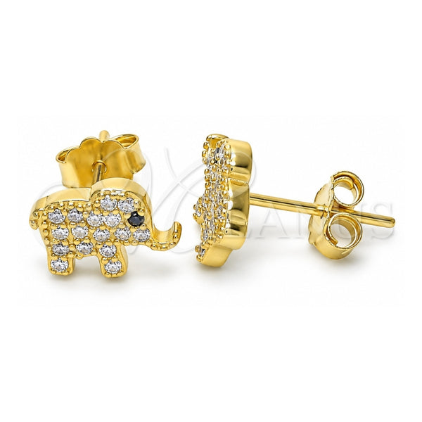 Sterling Silver Stud Earring, Elephant Design, with White and Black Micro Pave, Polished, Golden Finish, 02.336.0030.2