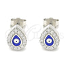 Sterling Silver Stud Earring, Evil Eye and Teardrop Design, with White Micro Pave, Blue Enamel Finish, Rhodium Finish, 02.336.0156