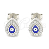Sterling Silver Stud Earring, Evil Eye and Teardrop Design, with White Micro Pave, Blue Enamel Finish, Rhodium Finish, 02.336.0156