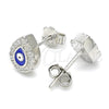 Sterling Silver Stud Earring, Evil Eye and Teardrop Design, with White Micro Pave, Blue Enamel Finish, Rhodium Finish, 02.336.0156