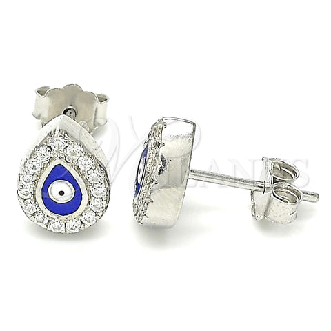 Sterling Silver Stud Earring, Evil Eye and Teardrop Design, with White Micro Pave, Blue Enamel Finish, Rhodium Finish, 02.336.0156