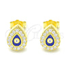 Sterling Silver Stud Earring, Evil Eye and Teardrop Design, with White Cubic Zirconia, Blue Enamel Finish, Golden Finish, 02.336.0156.2