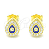 Sterling Silver Stud Earring, Evil Eye and Teardrop Design, with White Cubic Zirconia, Blue Enamel Finish, Golden Finish, 02.336.0156.2