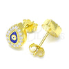 Sterling Silver Stud Earring, Evil Eye and Teardrop Design, with White Cubic Zirconia, Blue Enamel Finish, Golden Finish, 02.336.0156.2