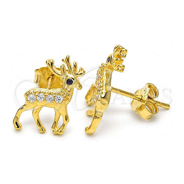 Sterling Silver Stud Earring, Deer Design, with Black and White Micro Pave, Polished, Golden Finish, 02.336.0158.2