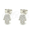 Sterling Silver Stud Earring, Hand of God Design, with White Micro Pave, Polished, Rhodium Finish, 02.336.0159