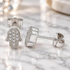Sterling Silver Stud Earring, Judaica and Hand of God Design, with White Micro Pave, Polished, Rhodium Finish, 02.336.0159
