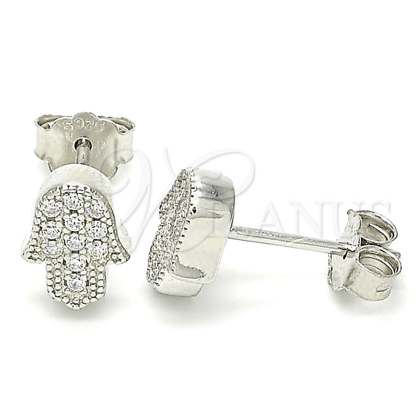 Sterling Silver Stud Earring, Hand of God Design, with White Micro Pave, Polished, Rhodium Finish, 02.336.0159