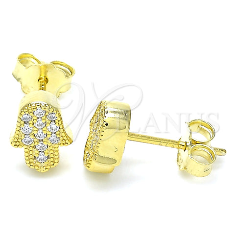 Sterling Silver Stud Earring, Hand of God Design, with White Micro Pave, Polished, Golden Finish, 02.336.0159.2