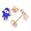 Sterling Silver Stud Earring, Judaica and Hand of God Design, Blue Enamel Finish, Rose Gold Finish, 02.336.0161.1