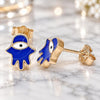 Sterling Silver Stud Earring, Judaica and Hand of God Design, Blue Enamel Finish, Rose Gold Finish, 02.336.0161.1