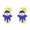 Sterling Silver Stud Earring, Judaica and Hand of God Design, Blue Enamel Finish, Golden Finish, 02.336.0161.2