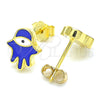 Sterling Silver Stud Earring, Judaica and Hand of God Design, Blue Enamel Finish, Golden Finish, 02.336.0161.2