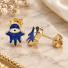 Sterling Silver Stud Earring, Judaica and Hand of God Design, Blue Enamel Finish, Golden Finish, 02.336.0161.2
