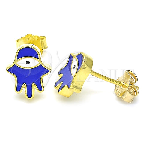 Sterling Silver Stud Earring, Hand of God Design, Blue Enamel Finish, Golden Finish, 02.336.0161.2
