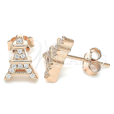 Sterling Silver Stud Earring, Eiffel Tower Design, with White Cubic Zirconia, Polished, Rose Gold Finish for wholesale, main product view