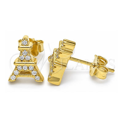 Sterling Silver Stud Earring, Eiffel Tower Design, with White Cubic Zirconia, Polished, Golden Finish, 02.336.0164.2