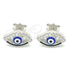 Sterling Silver Stud Earring, Evil Eye Design, Blue Enamel Finish, Rhodium Finish, 02.336.0166