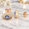 Sterling Silver Stud Earring, Evil Eye Design, with White Micro Pave, Blue Enamel Finish, Rose Gold Finish, 02.336.0166.1