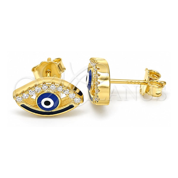 Sterling Silver Stud Earring, Evil Eye Design, with White Micro Pave, Blue Enamel Finish, Golden Finish, 02.336.0166.2