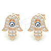 Sterling Silver Stud Earring, Judaica and Hand of God Design, with White Micro Pave, Blue Enamel Finish, Rose Gold Finish, 02.336.0170.1