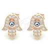 Sterling Silver Stud Earring, Hand of God and Evil Eye Design, with White Micro Pave, Blue Enamel Finish, Rose Gold Finish, 02.336.0170.1