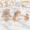Sterling Silver Stud Earring, Judaica and Hand of God Design, with White Micro Pave, Blue Enamel Finish, Rose Gold Finish, 02.336.0170.1