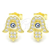 Sterling Silver Stud Earring, Judaica and Hand of God Design, with White Micro Pave, Blue Enamel Finish, Golden Finish, 02.336.0170.2