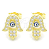 Sterling Silver Stud Earring, Hand of God and Evil Eye Design, with White Micro Pave, Blue Enamel Finish, Golden Finish, 02.336.0170.2