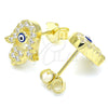 Sterling Silver Stud Earring, Judaica and Hand of God Design, with White Micro Pave, Blue Enamel Finish, Golden Finish, 02.336.0170.2