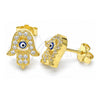Sterling Silver Stud Earring, Judaica and Hand of God Design, with White Micro Pave, Blue Enamel Finish, Golden Finish, 02.336.0170.2